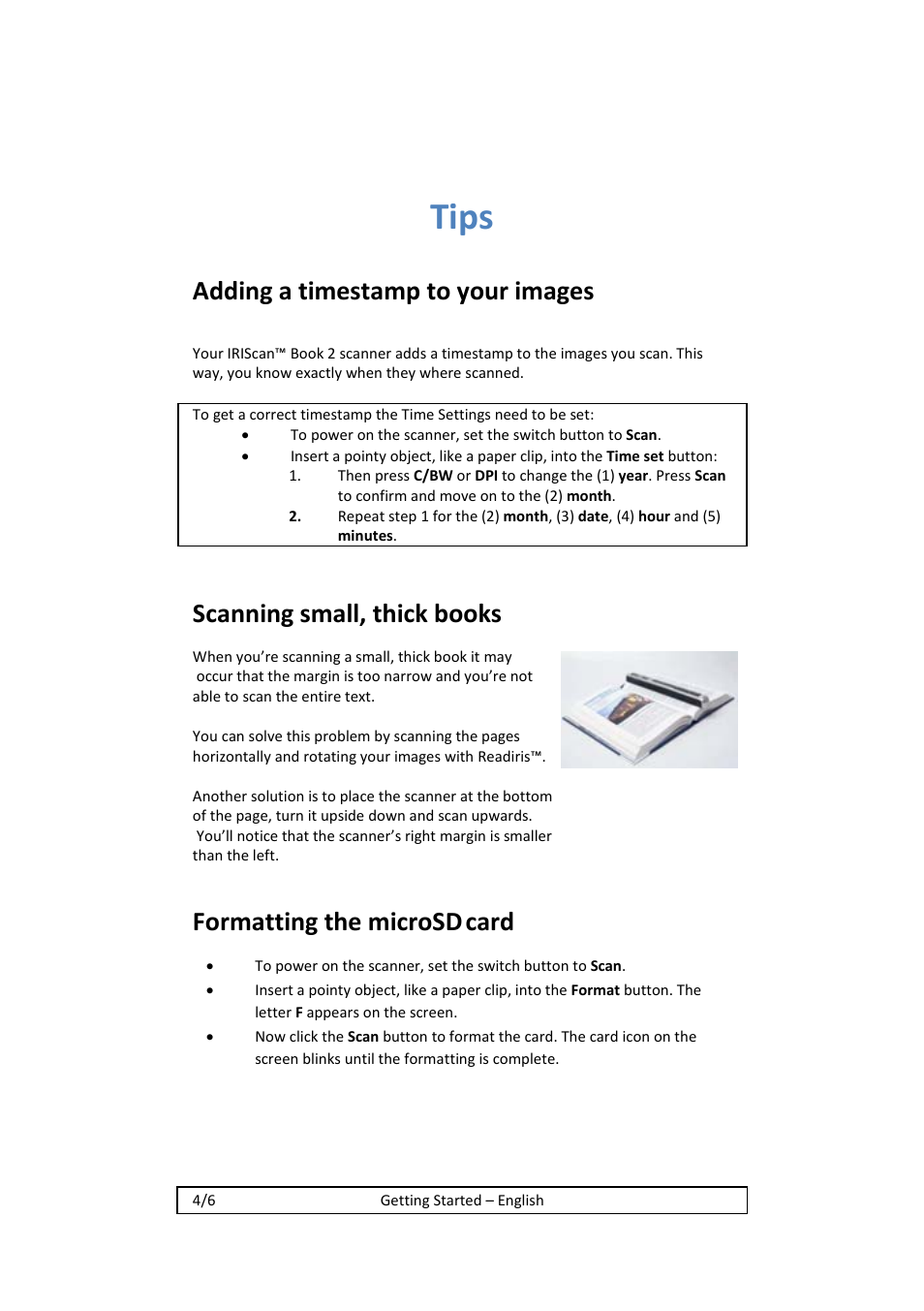 Tips, Adding a timestamp to your images, Scanning small, thick books | Formatting the microsd, Card | I.R.I.S. IRISCan Book 2 Executive Hardware User Manual | Page 4 / 61