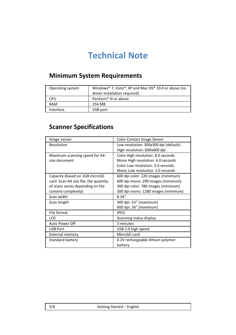 Minimum system requirements, Scanner specifications | I.R.I.S. IRISCan Book 2 Executive Hardware User Manual | Page 5 / 61