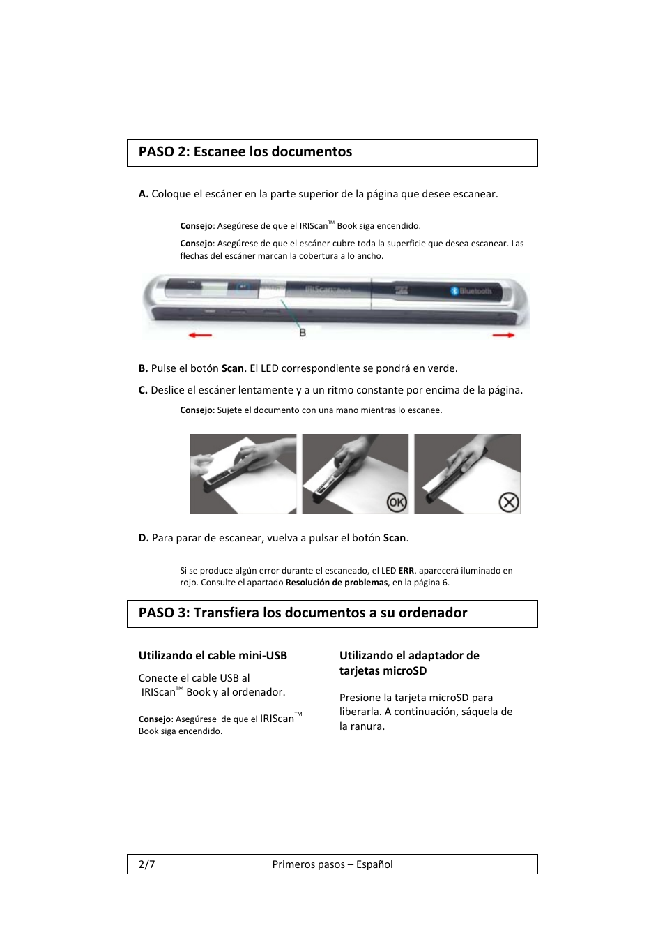 Paso 2: escanee los documentos, Paso 3: transfiera los documentos a su ordenador | I.R.I.S. IRISCan Book 2 Executive Hardware User Manual | Page 50 / 61