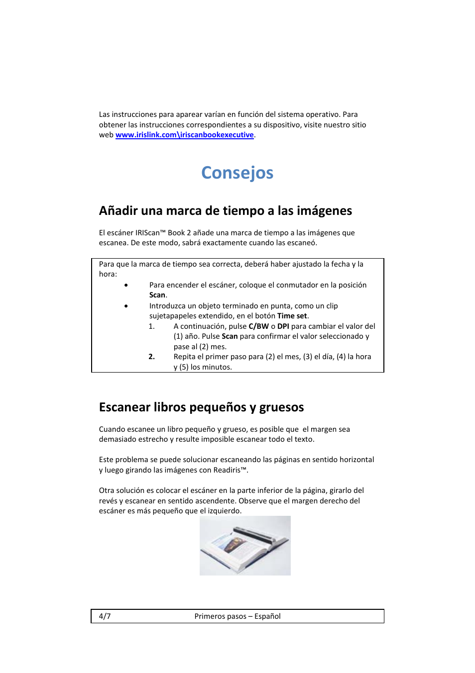 Consejos, Añadir una marca de tiempo a las imágenes, Escanear libros pequeños y gruesos | I.R.I.S. IRISCan Book 2 Executive Hardware User Manual | Page 52 / 61