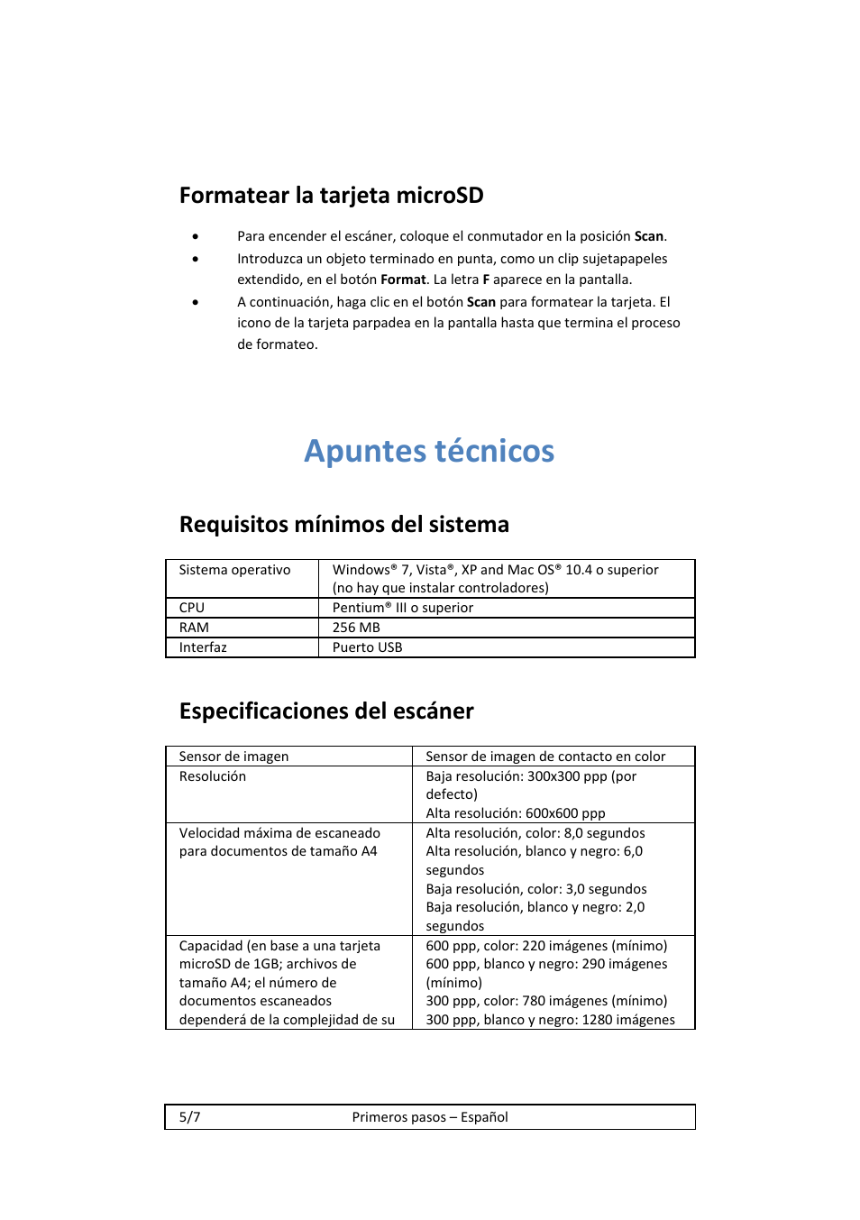 Apuntes técnicos, Formatear la tarjeta microsd, Requisitos mínimos del sistema | Especificaciones del escáner | I.R.I.S. IRISCan Book 2 Executive Hardware User Manual | Page 53 / 61