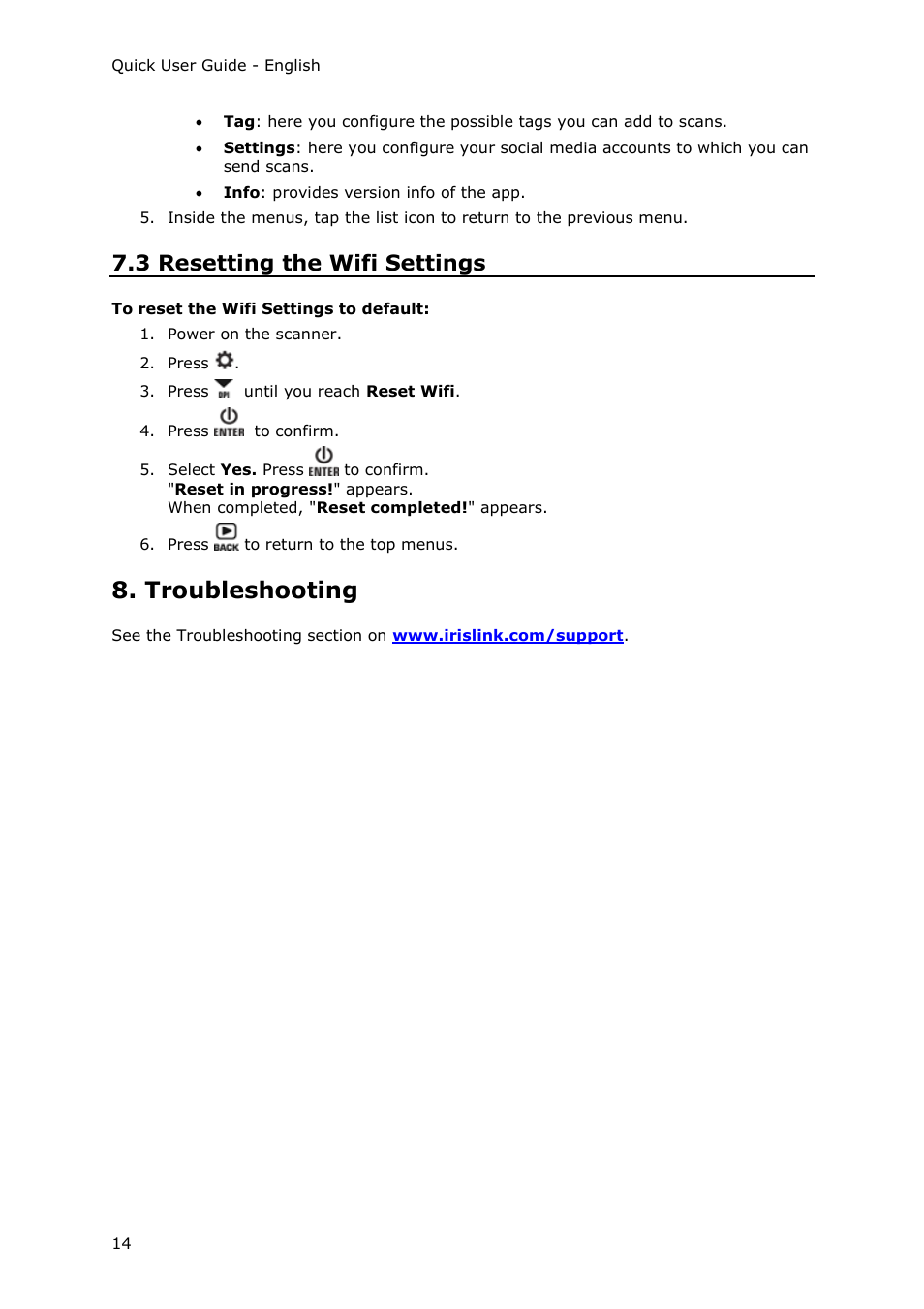 3 resetting the wifi settings, Troubleshooting | I.R.I.S. IRIScan Anywhere 3 Wi-Fi User Manual | Page 11 / 11