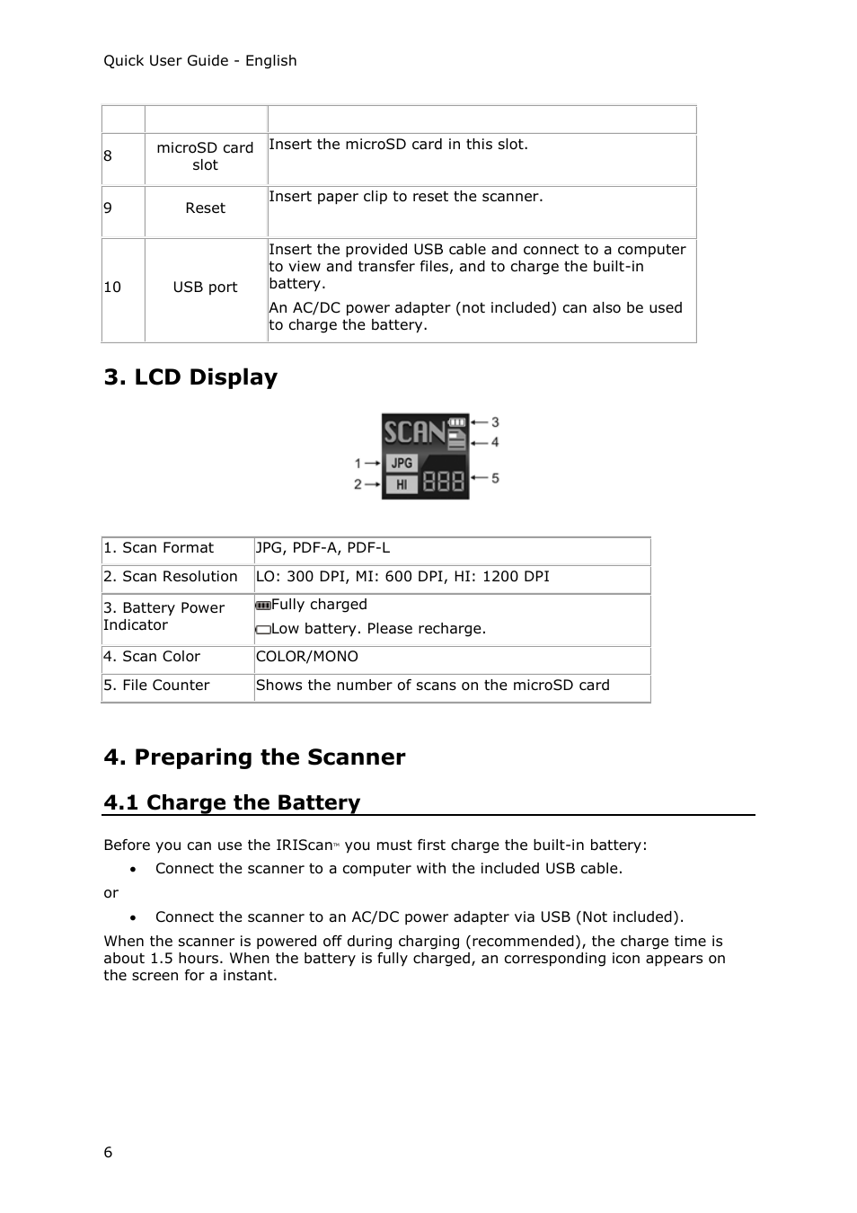 Lcd display, Preparing the scanner, 1 charge the battery | I.R.I.S. IRIScan Anywhere 3 Wi-Fi User Manual | Page 4 / 11