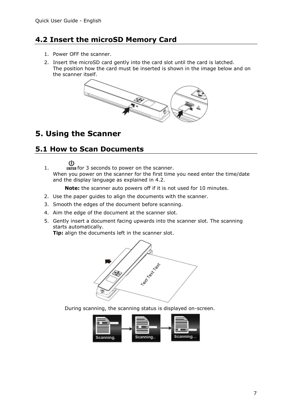 2 insert the microsd memory card, Using the scanner, 1 how to scan documents | I.R.I.S. IRIScan Anywhere 3 Wi-Fi User Manual | Page 5 / 11