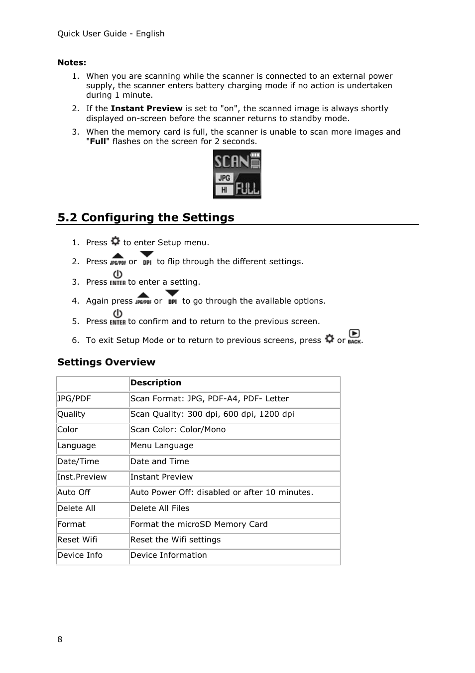2 configuring the settings, Settings overview, 3 displaying scans | I.R.I.S. IRIScan Anywhere 3 Wi-Fi User Manual | Page 6 / 11