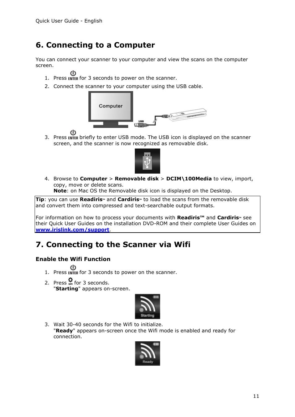 Connecting to a computer, Connecting to the scanner via wifi, Enable the wifi function | I.R.I.S. IRIScan Anywhere 3 Wi-Fi User Manual | Page 8 / 11