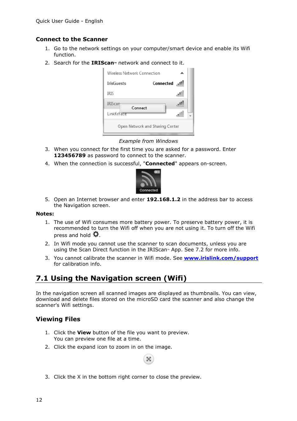 Connect to the scanner, 1 using the navigation screen (wifi), Viewing files | I.R.I.S. IRIScan Anywhere 3 Wi-Fi User Manual | Page 9 / 11