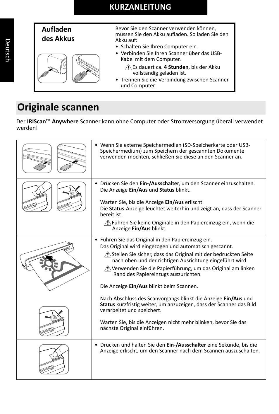 Originale scannen, Kurzanleitung, Aufladen des akkus | I.R.I.S. IRIScan Anywhere 2 Hardware User Manual | Page 12 / 20