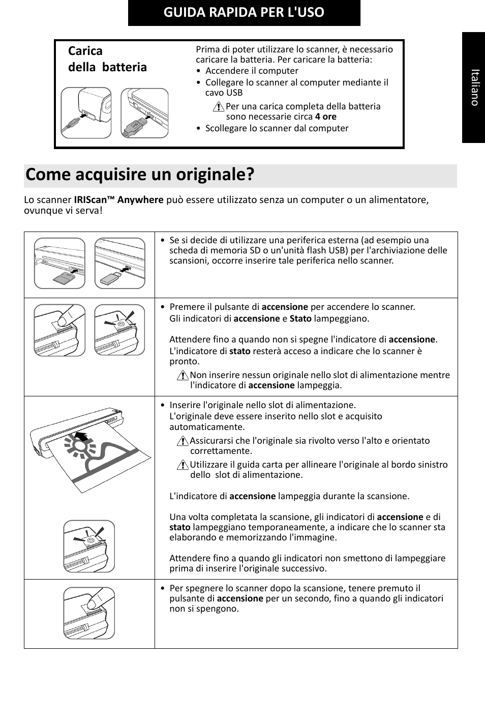 Come acquisire un originale, Guida rapida per l'uso, Carica della batteria | I.R.I.S. IRIScan Anywhere 2 Hardware User Manual | Page 15 / 20