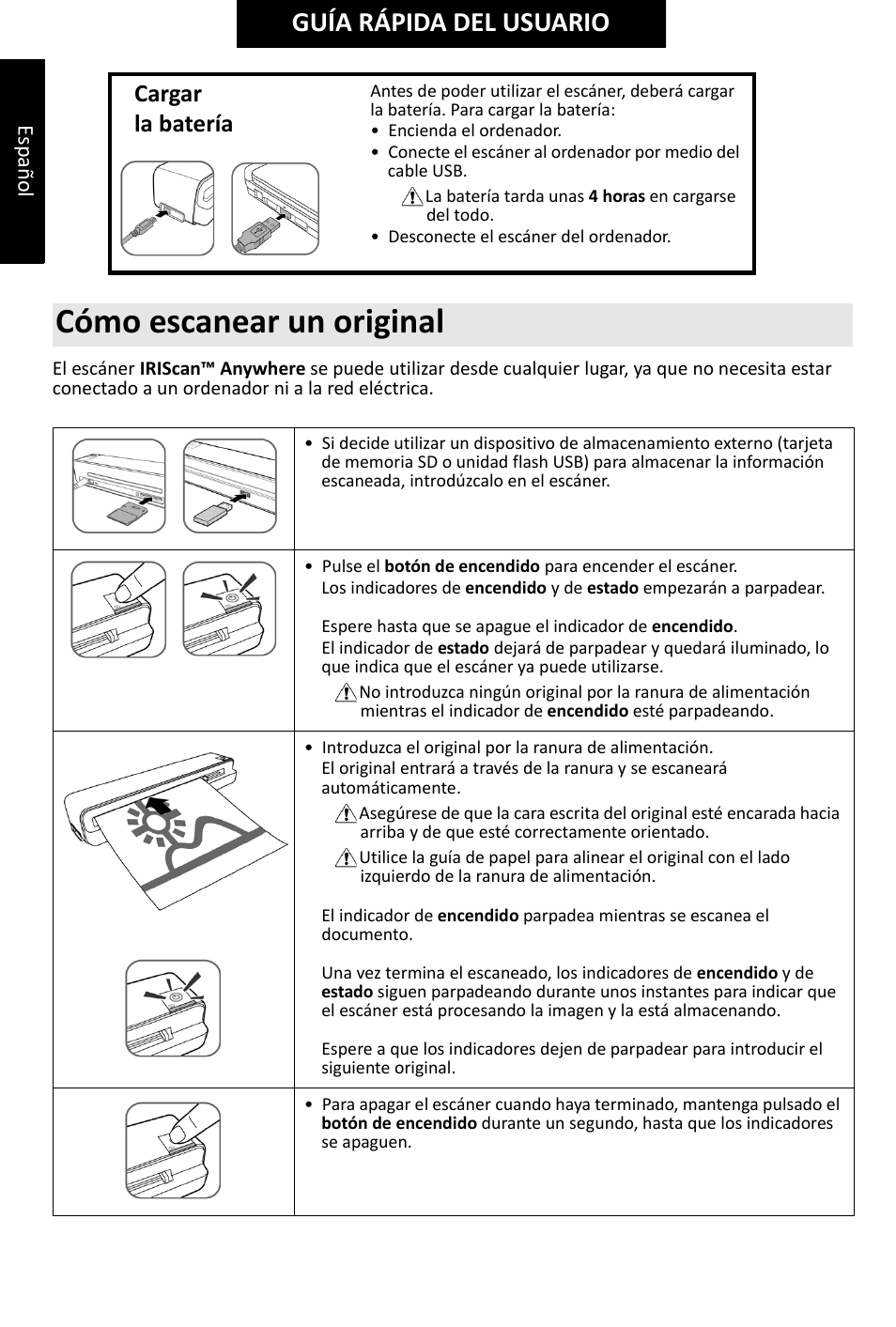Cómo escanear un original, Guía rápida del usuario, Cargar la batería | Esp añol | I.R.I.S. IRIScan Anywhere 2 Hardware User Manual | Page 18 / 20