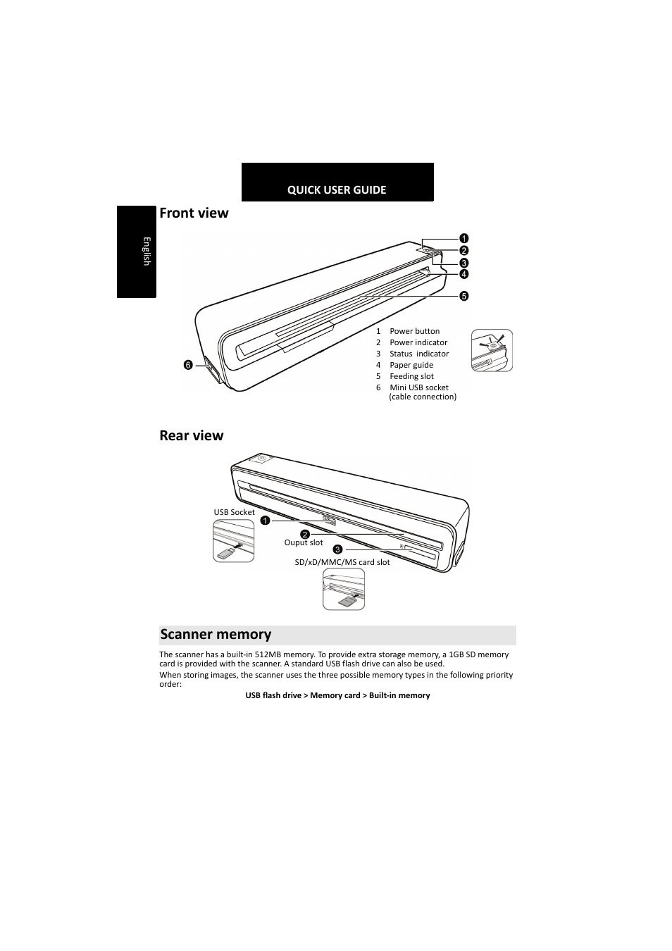 Front view rear view, Quick user guide | I.R.I.S. IRIScan Anywhere 2 Hardware User Manual | Page 2 / 20