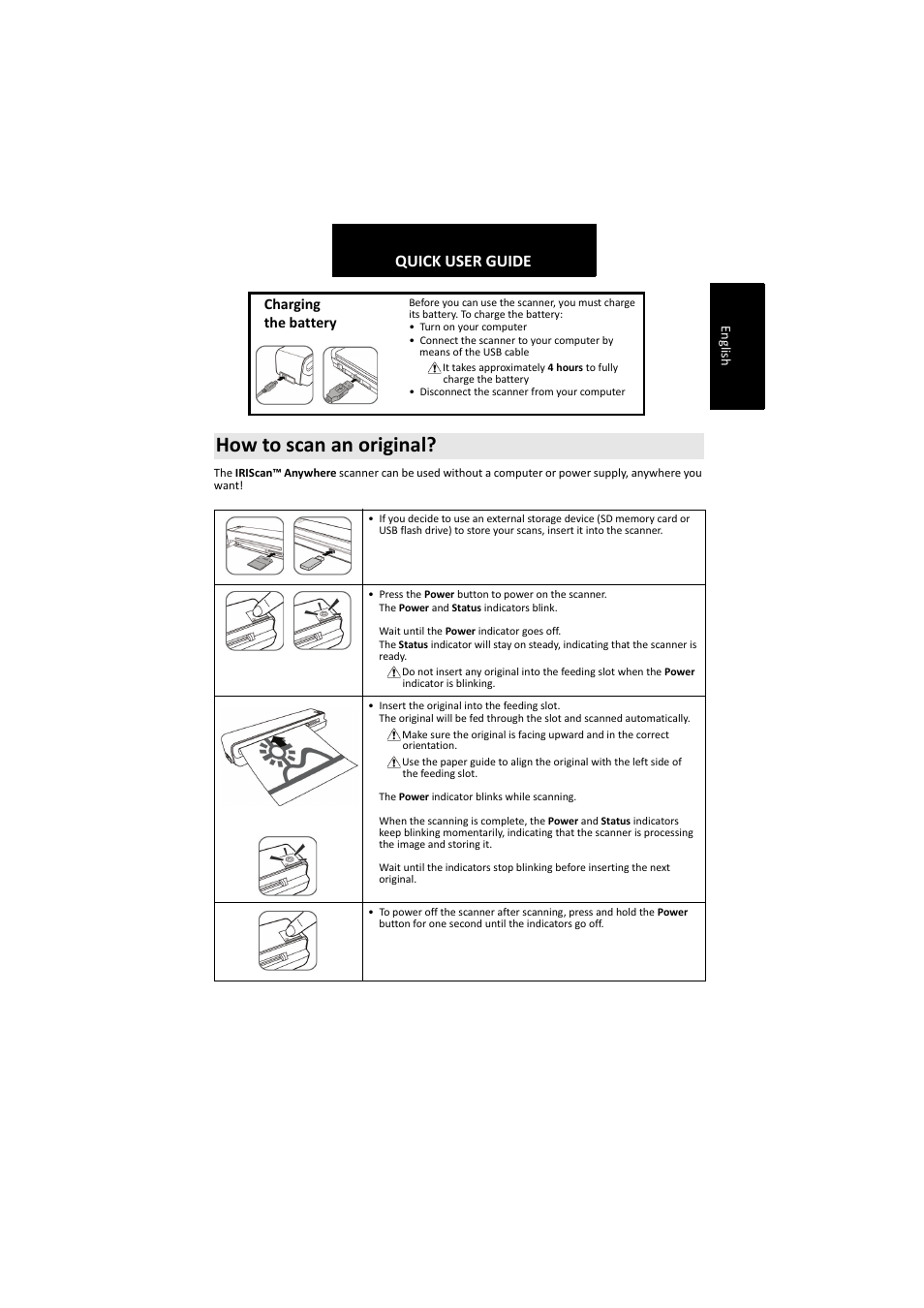 How to scan an original, Quick user guide, Charging the battery | Engl ish | I.R.I.S. IRIScan Anywhere 2 Hardware User Manual | Page 3 / 20