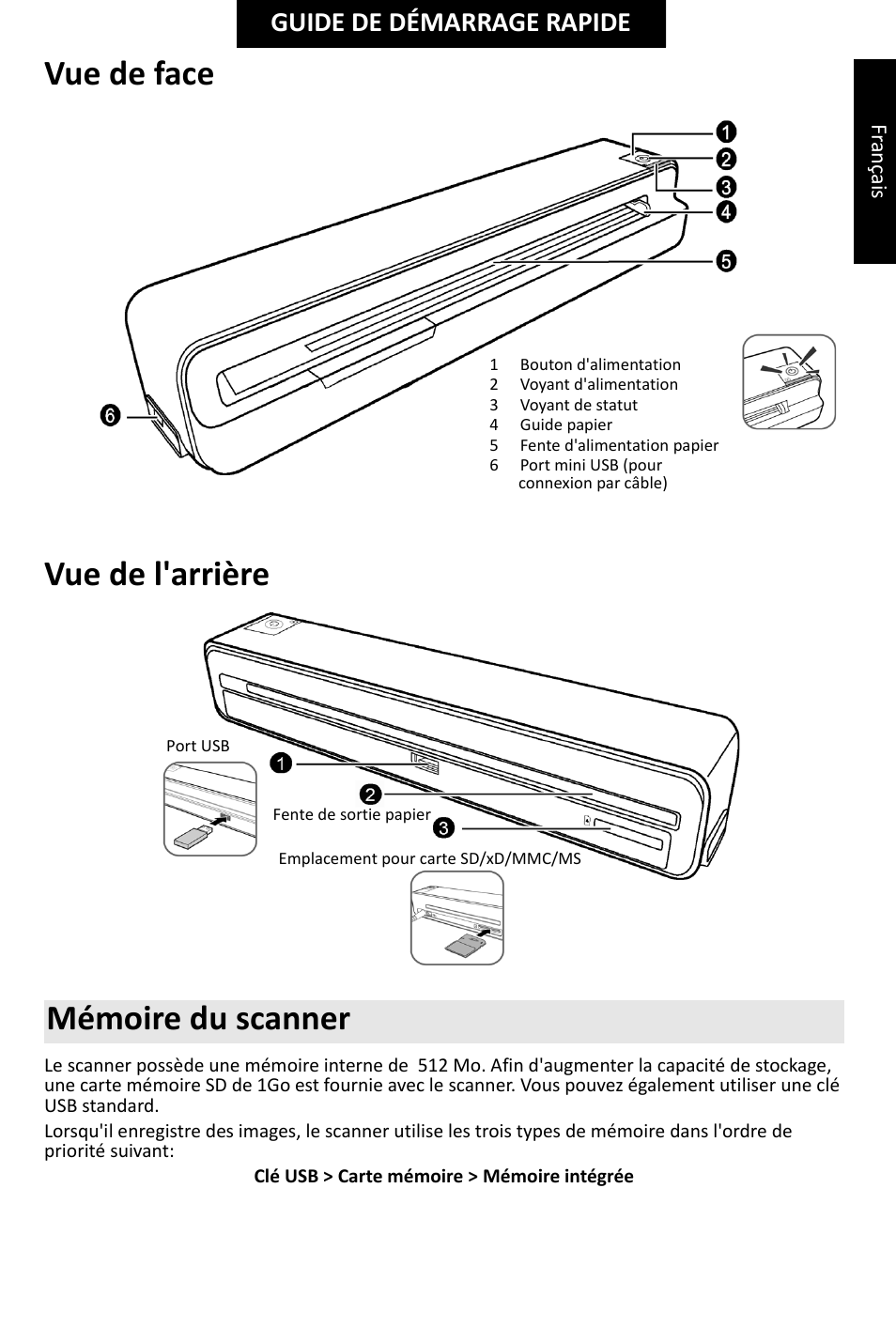 Vue de face vue de l'arrière, Mémoire du scanner, Guide de démarrage rapide | I.R.I.S. IRIScan Anywhere 2 Hardware User Manual | Page 5 / 20