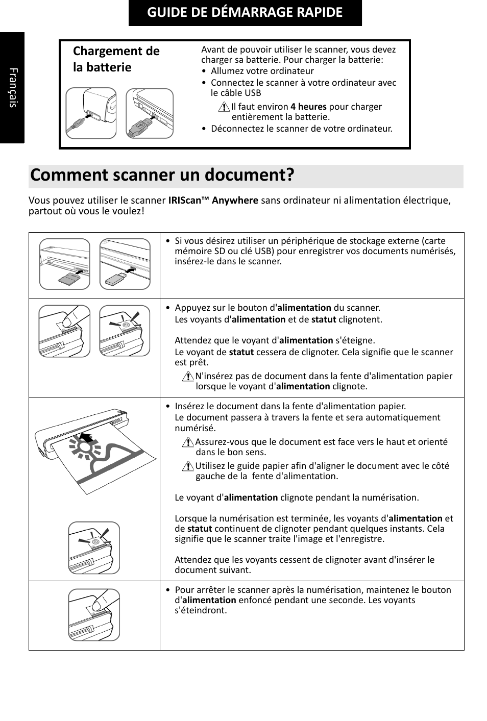 Comment scanner un document, Guide de démarrage rapide, Chargement de la batterie | I.R.I.S. IRIScan Anywhere 2 Hardware User Manual | Page 6 / 20