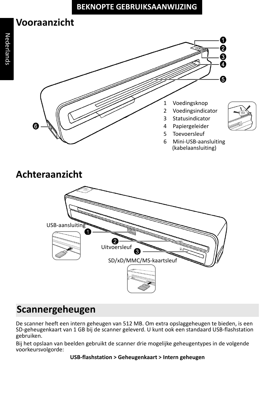 Vooraanzicht achteraanzicht, Scannergeheugen, Beknopte gebruiksaanwijzing | I.R.I.S. IRIScan Anywhere 2 Hardware User Manual | Page 8 / 20