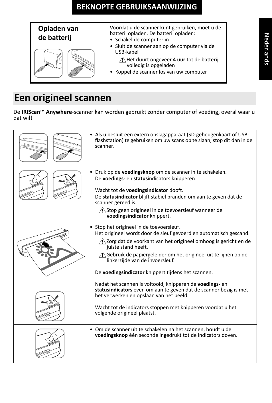 Een origineel scannen, Beknopte gebruiksaanwijzing, Opladen van de batterij | I.R.I.S. IRIScan Anywhere 2 Hardware User Manual | Page 9 / 20