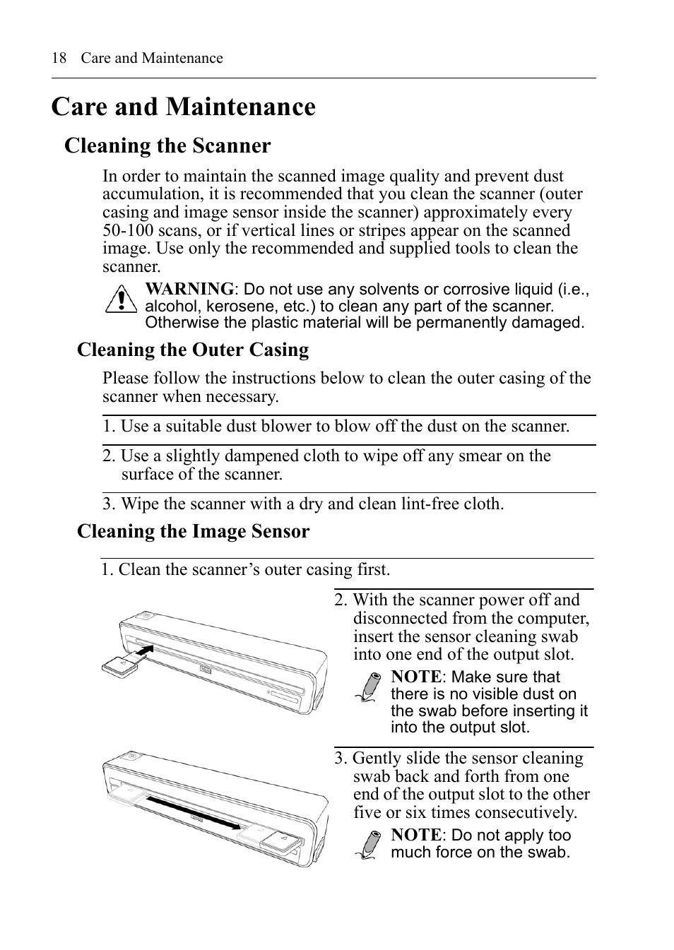 Care and maintenance, Cleaning the scanner, Cleaning the outer casing | Cleaning the image sensor | I.R.I.S. IRIScan Anywhere 3 User Guide User Manual | Page 21 / 26