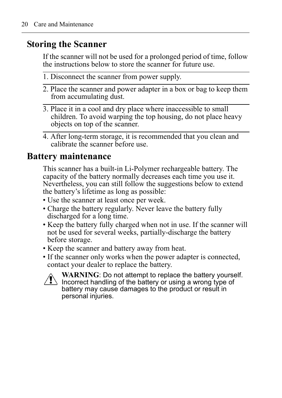Storing the scanner, Battery maintenance | I.R.I.S. IRIScan Anywhere 3 User Guide User Manual | Page 23 / 26