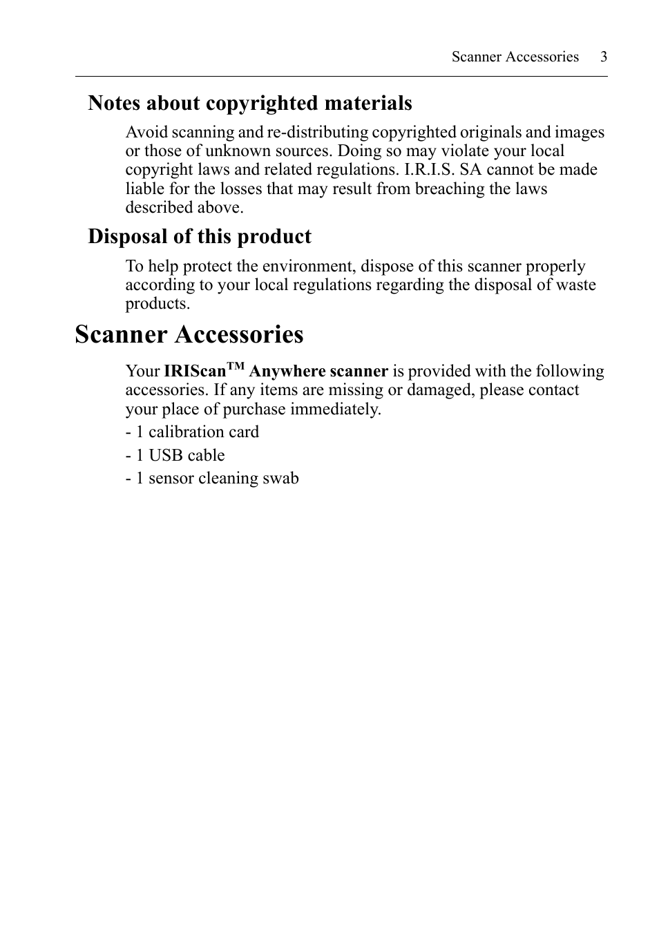 Scanner accessories, Disposal of this product | I.R.I.S. IRIScan Anywhere 3 User Guide User Manual | Page 6 / 26