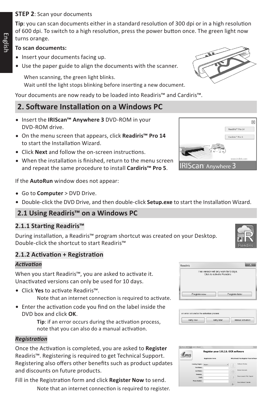 Software installation on a windows pc, 1 using readiris™ on a windows pc | I.R.I.S. IRIScan Anywhere 3 Quick Start User Manual | Page 2 / 12