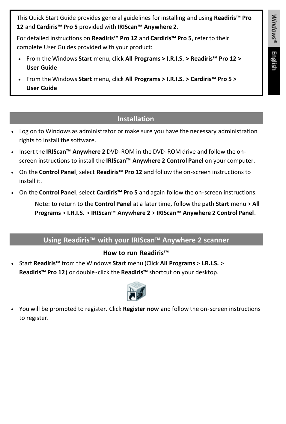 Quick_user_guide_anywhere2pc_en | I.R.I.S. IRIScan Anywhere 2 Quick Start User Manual | Page 3 / 98