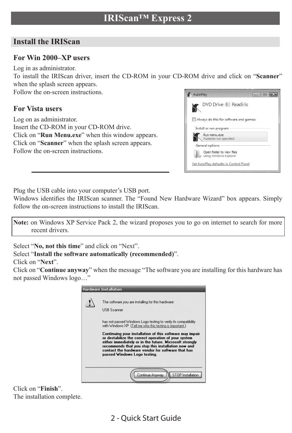 I.R.I.S. IRIScan Express 2 for Windows Quick Start User Manual | 10 pages