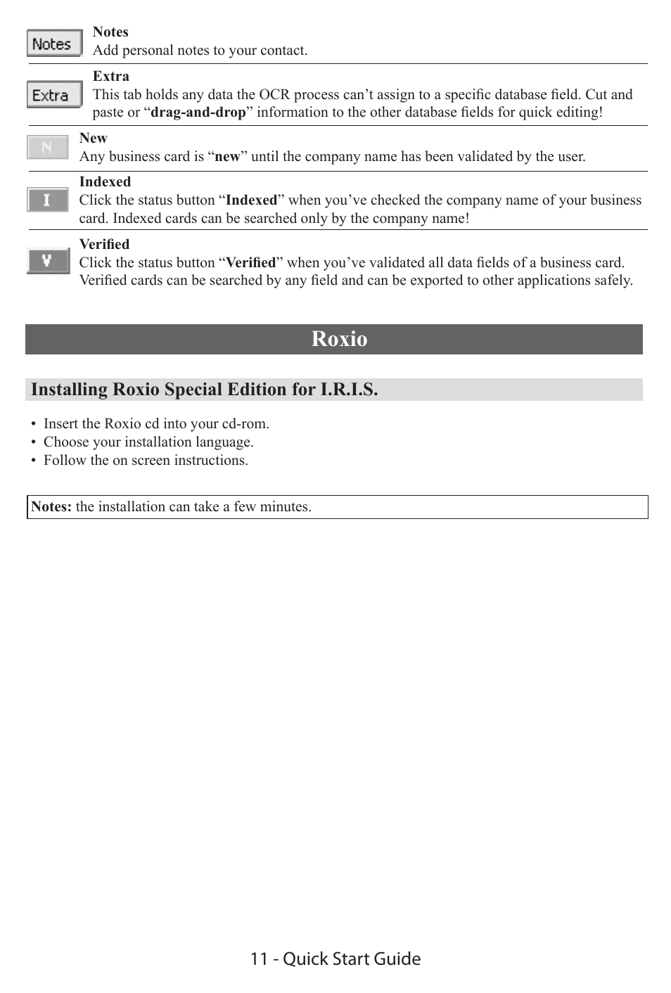 Roxio, Installing roxio special edition for i.r.i.s, 11 - quick start guide | I.R.I.S. IRIScan Express 2 for Windows Quick Start User Manual | Page 10 / 10