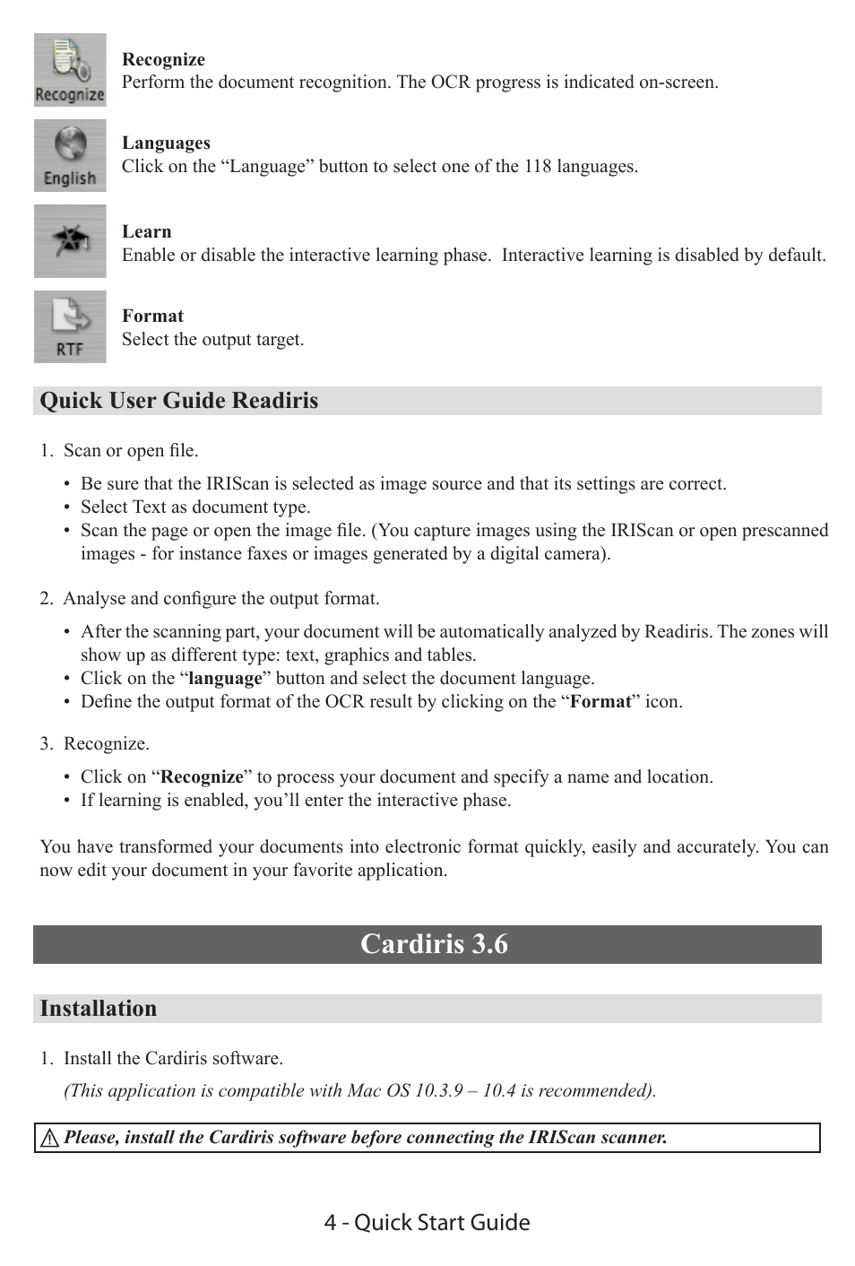 Cardiris 3.6, Quick user guide readiris, Installation | 4 - quick start guide | I.R.I.S. IRIScan Express 2 for Mac Quick Start User Manual | Page 3 / 5