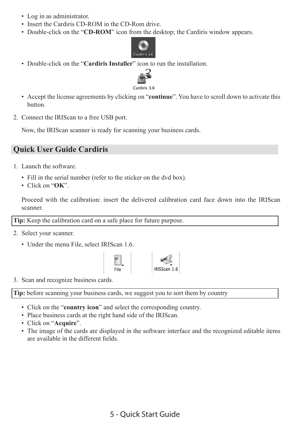 Quick user guide cardiris, 5 - quick start guide | I.R.I.S. IRIScan Express 2 for Mac Quick Start User Manual | Page 4 / 5