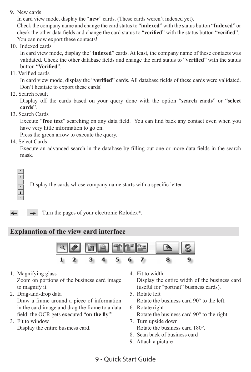 9 - quick start guide, Explanation of the view card interface | I.R.I.S. IRIScan Executive 2 for Windows Quick Start User Manual | Page 8 / 10