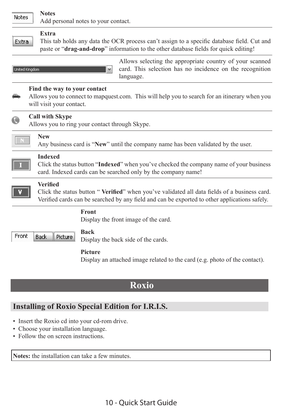 Roxio, Installing of roxio special edition for i.r.i.s, 10 - quick start guide | I.R.I.S. IRIScan Executive 2 for Windows Quick Start User Manual | Page 9 / 10