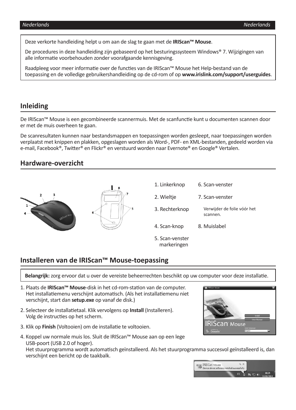 Inleiding, Hardware-overzicht, Installeren van de iriscan™ mouse-toepassing | I.R.I.S. IRISCan Mouse User Manual | Page 11 / 64