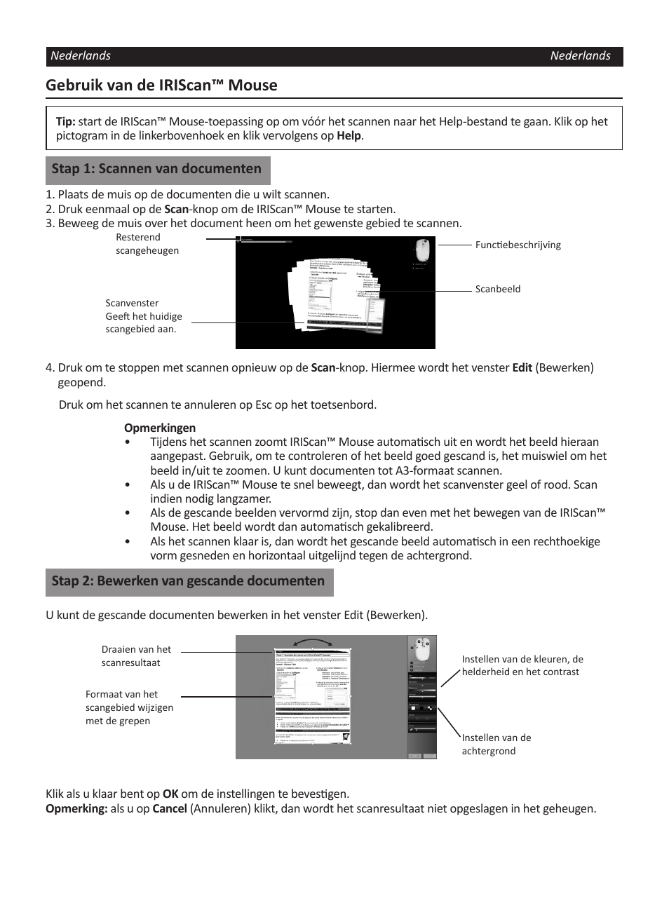 Gebruik van de iriscan™ mouse, Stap 1: scannen van documenten, Stap 2: bewerken van gescande documenten | I.R.I.S. IRISCan Mouse User Manual | Page 12 / 64