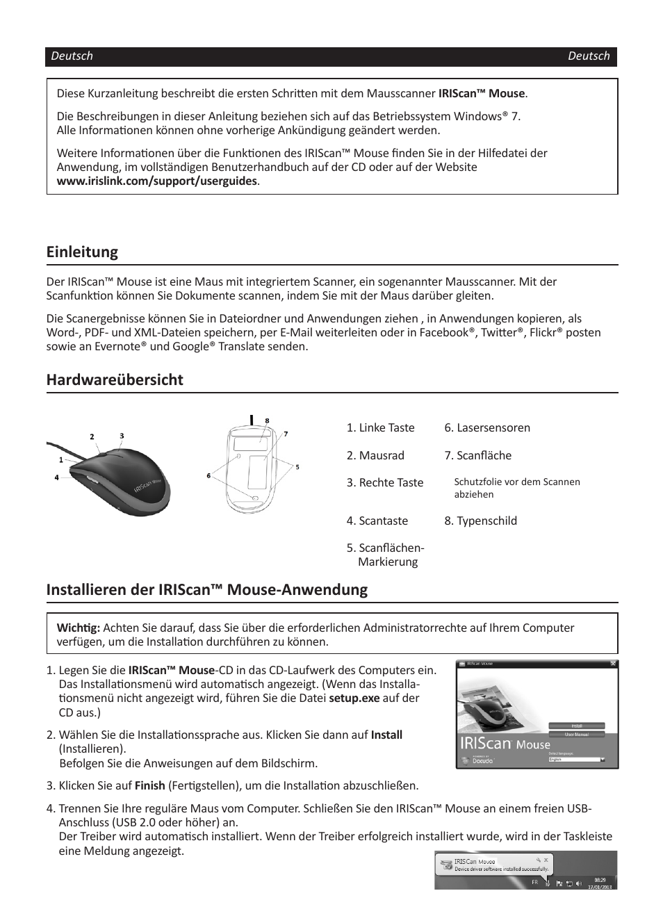 Einleitung, Hardwareübersicht, Installieren der iriscan™ mouse-anwendung | I.R.I.S. IRISCan Mouse User Manual | Page 15 / 64