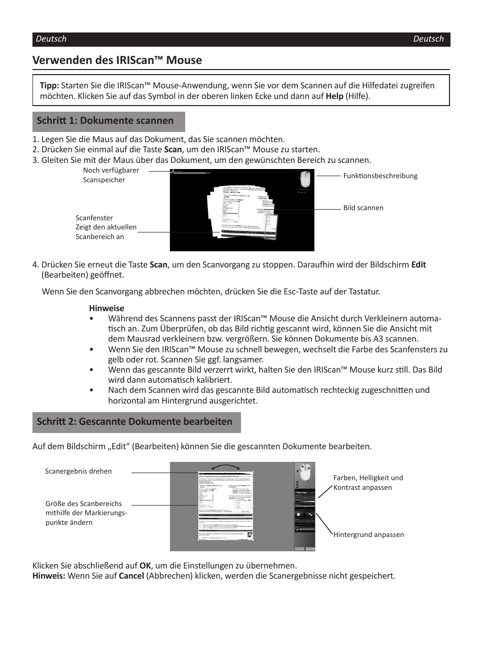Verwenden des iriscan™ mouse, Schritt 1: dokumente scannen, Schritt 2: gescannte dokumente bearbeiten | I.R.I.S. IRISCan Mouse User Manual | Page 16 / 64