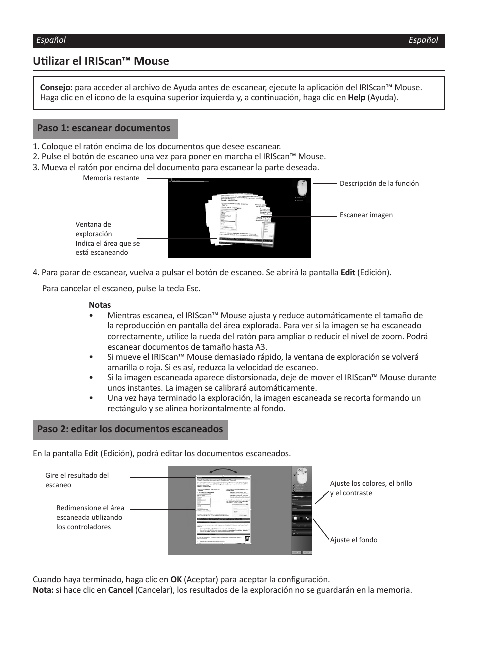 Utilizar el iriscan™ mouse, Paso 1: escanear documentos, Paso 2: editar los documentos escaneados | I.R.I.S. IRISCan Mouse User Manual | Page 20 / 64