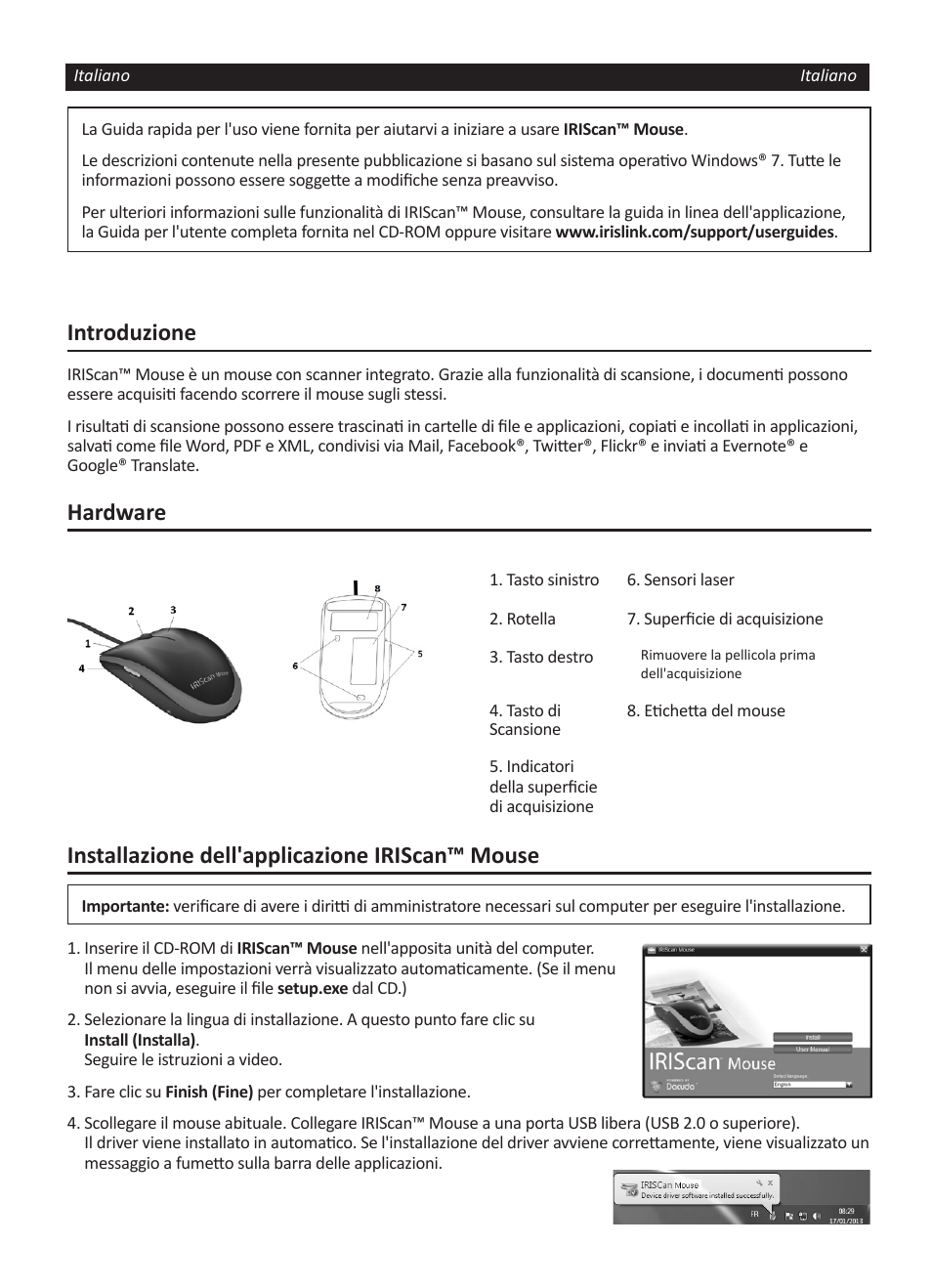 Introduzione, Hardware, Installazione dell'applicazione iriscan™ mouse | I.R.I.S. IRISCan Mouse User Manual | Page 23 / 64