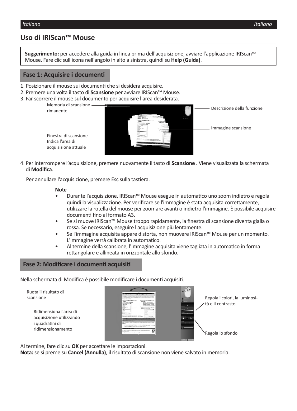 Uso di iriscan™ mouse, Fase 1: acquisire i documenti, Fase 2: modificare i documenti acquisiti | I.R.I.S. IRISCan Mouse User Manual | Page 24 / 64