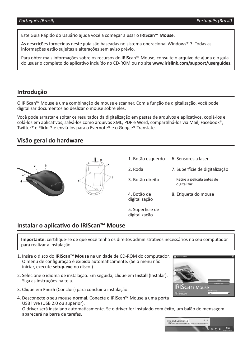Introdução, Visão geral do hardware, Instalar o aplicativo do iriscan™ mouse | I.R.I.S. IRISCan Mouse User Manual | Page 27 / 64