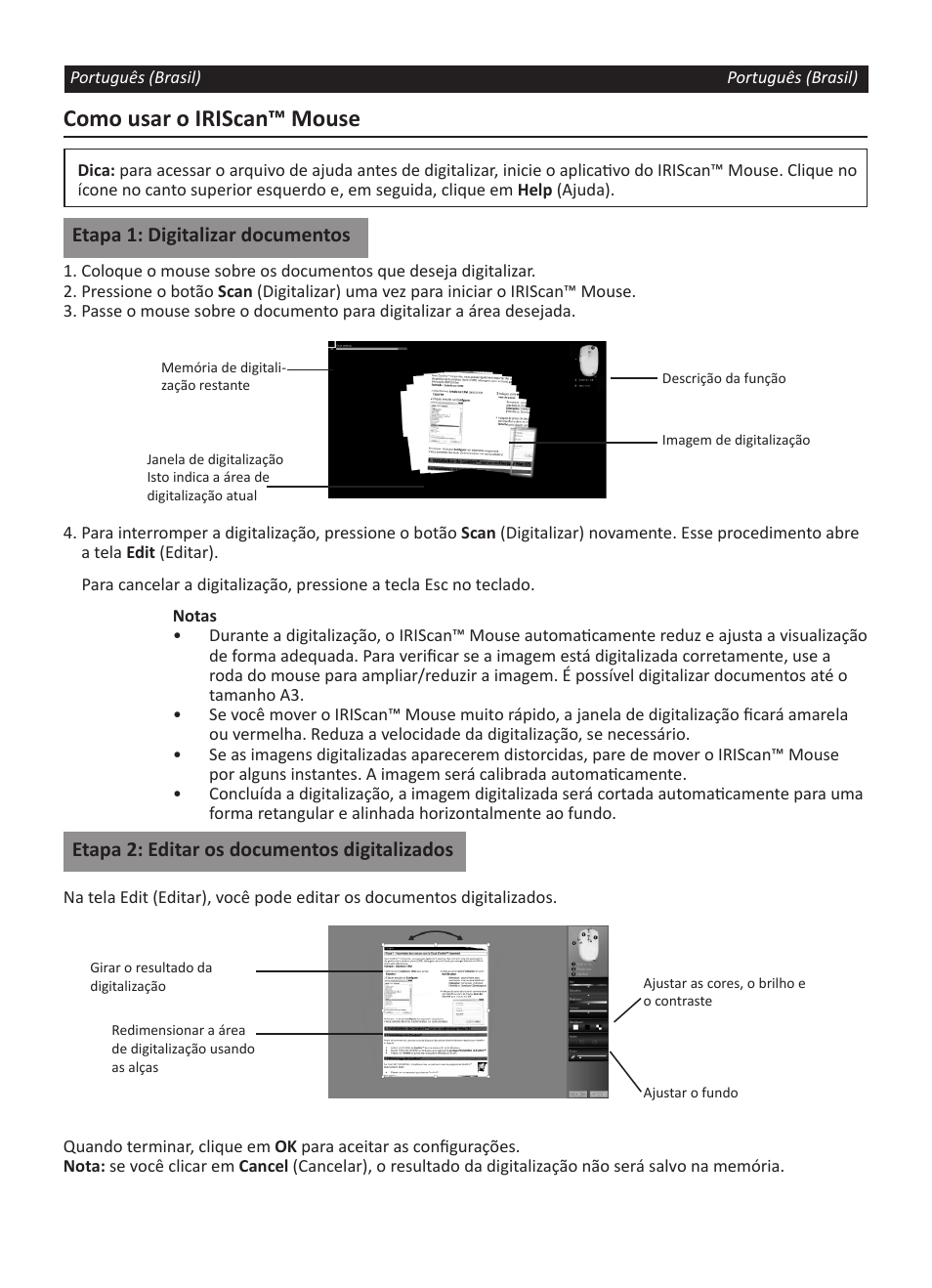 Como usar o iriscan™ mouse, Etapa 1: digitalizar documentos, Etapa 2: editar os documentos digitalizados | I.R.I.S. IRISCan Mouse User Manual | Page 28 / 64