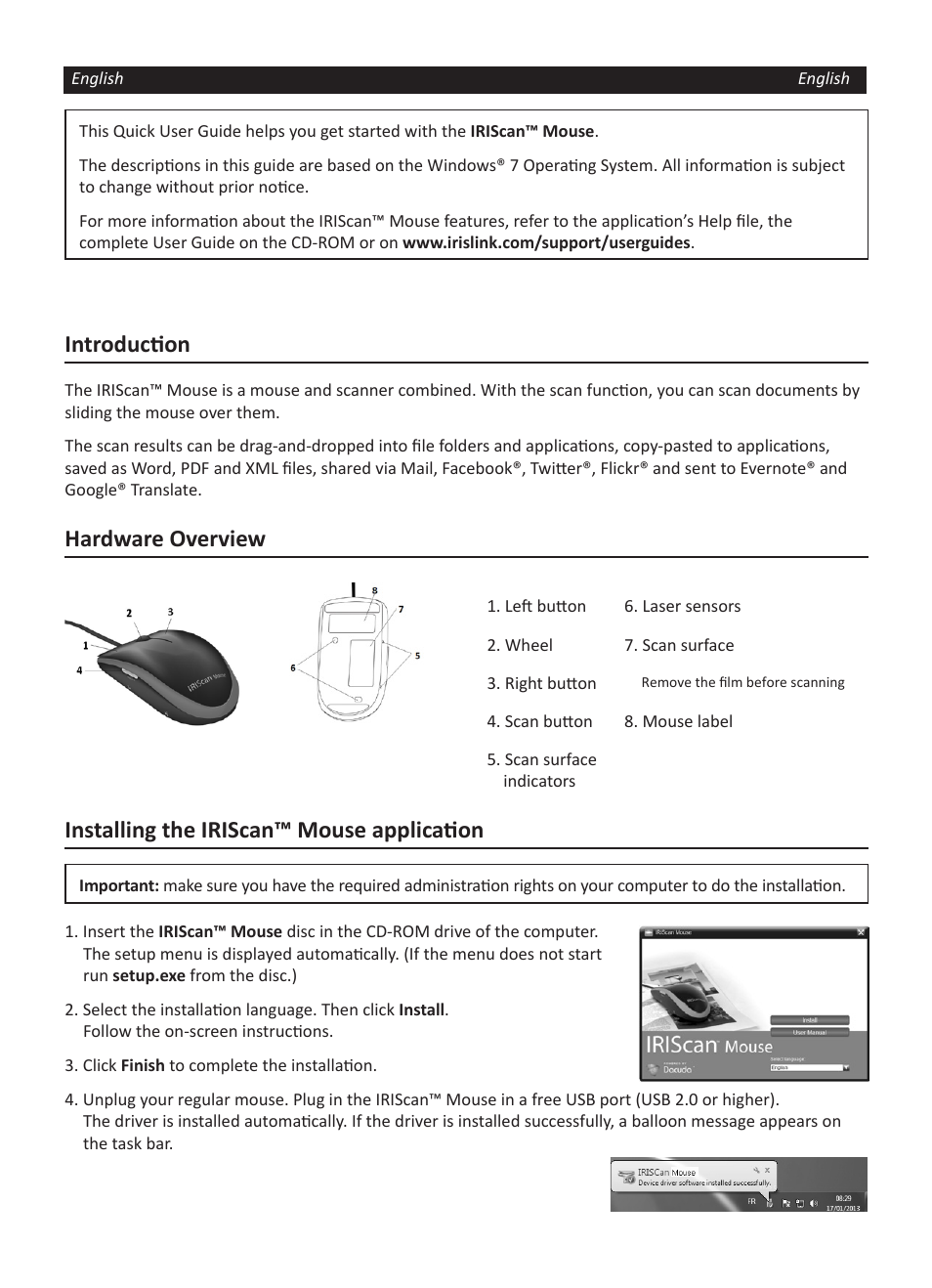 Introduction, Hardware overview, Installing the iriscan™ mouse application | I.R.I.S. IRISCan Mouse User Manual | Page 3 / 64