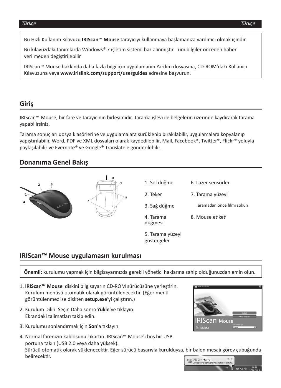 Giriş, Donanıma genel bakış, Iriscan™ mouse uygulamasın kurulması | I.R.I.S. IRISCan Mouse User Manual | Page 35 / 64