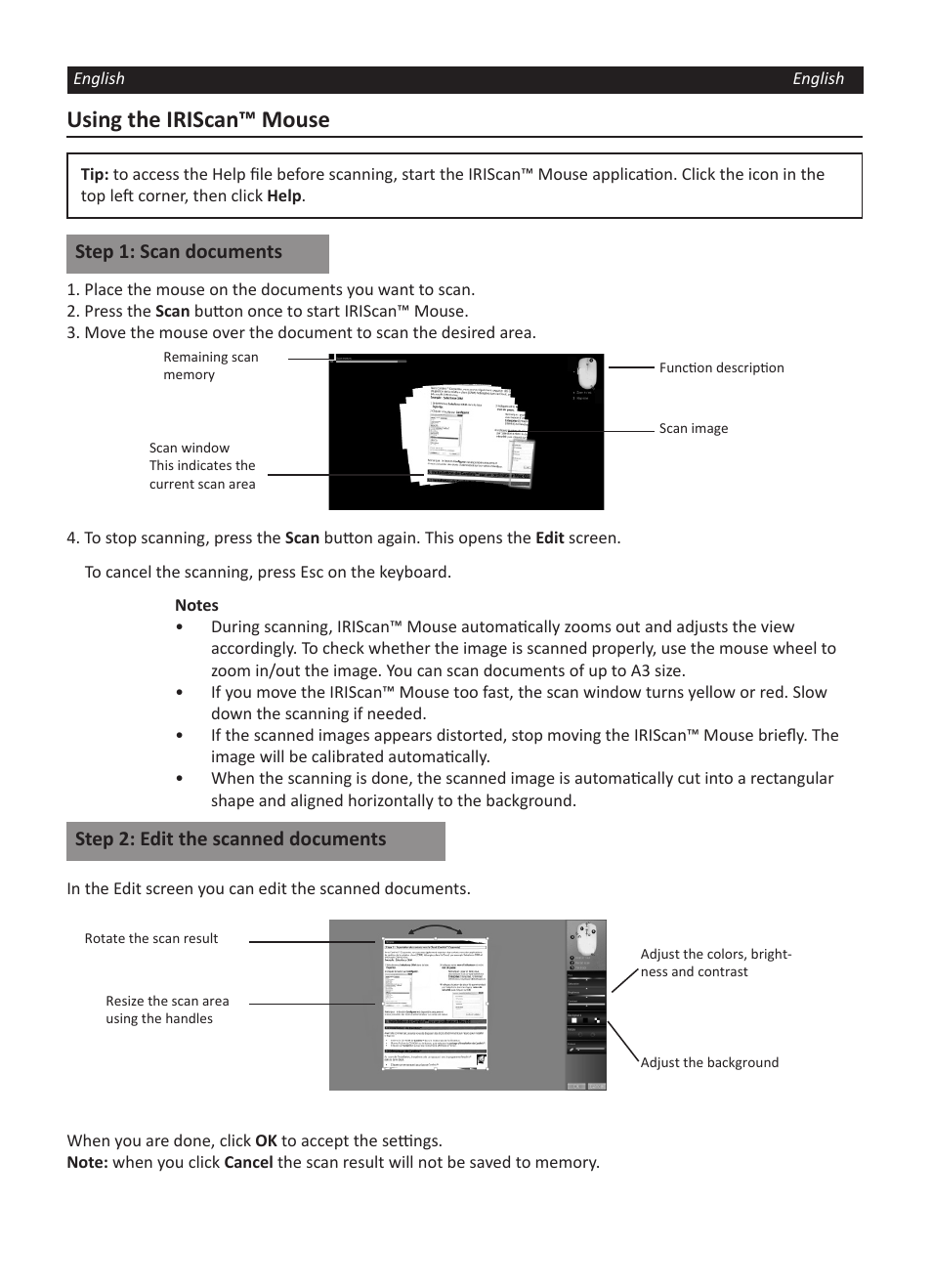 Using the iriscan™ mouse, Step 1: scan documents, Step 2: edit the scanned documents | I.R.I.S. IRISCan Mouse User Manual | Page 4 / 64