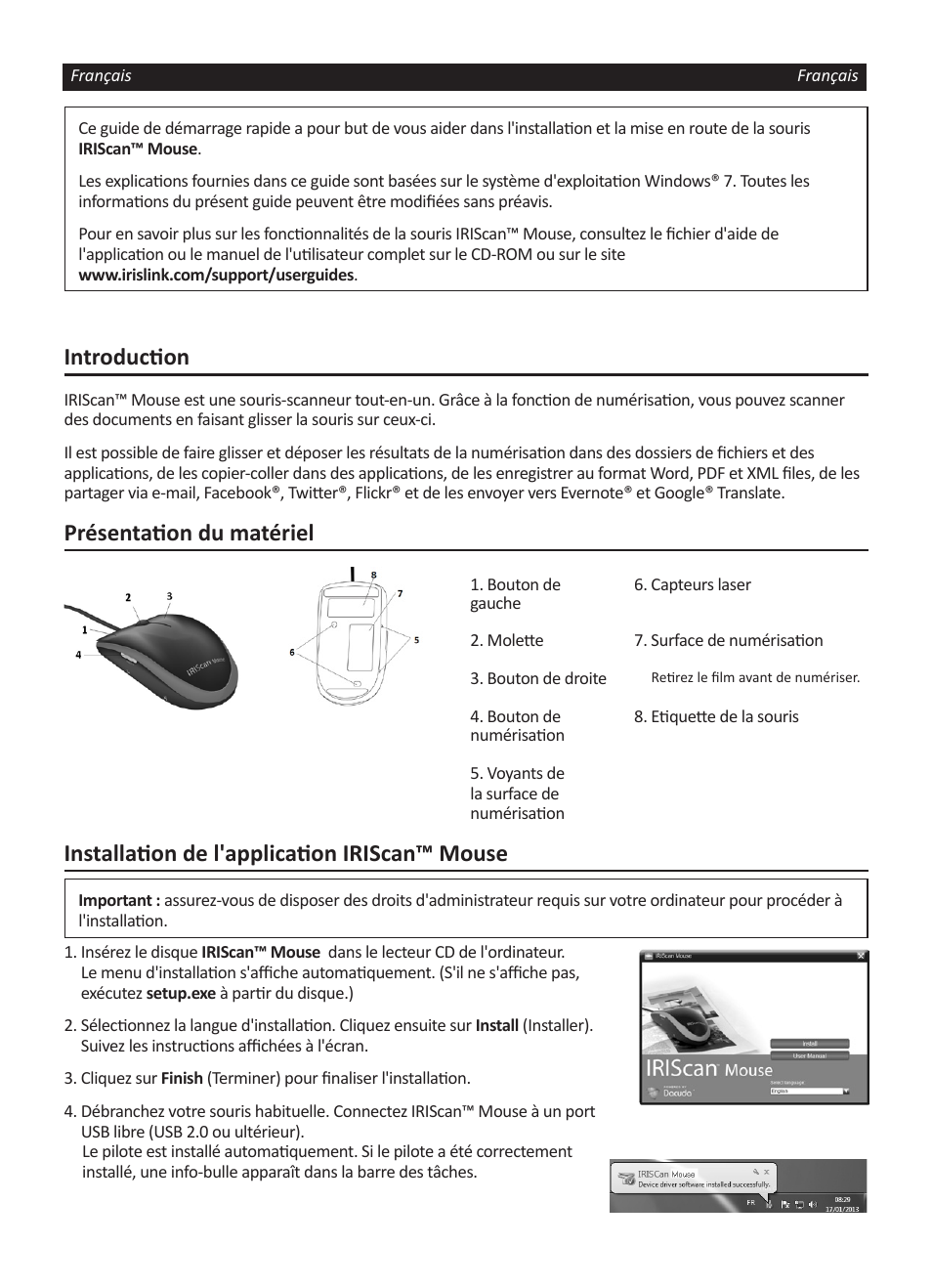 Introduction, Présentation du matériel, Installation de l'application iriscan™ mouse | I.R.I.S. IRISCan Mouse User Manual | Page 7 / 64