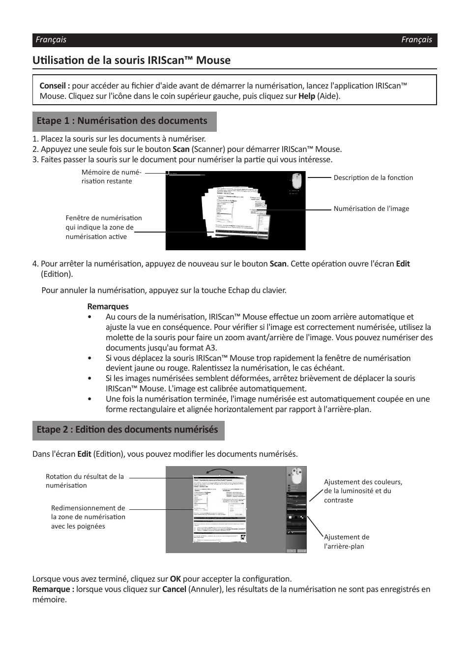 Utilisation de la souris iriscan™ mouse, Etape 1 : numérisation des documents, Etape 2 : edition des documents numérisés | I.R.I.S. IRISCan Mouse User Manual | Page 8 / 64