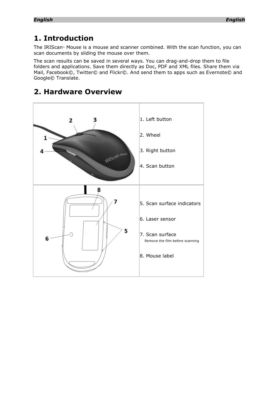 Hardware overview, Introduction 2. hardware overview, Introduction | I.R.I.S. IRISCan Mouse 2 User Manual | Page 3 / 10