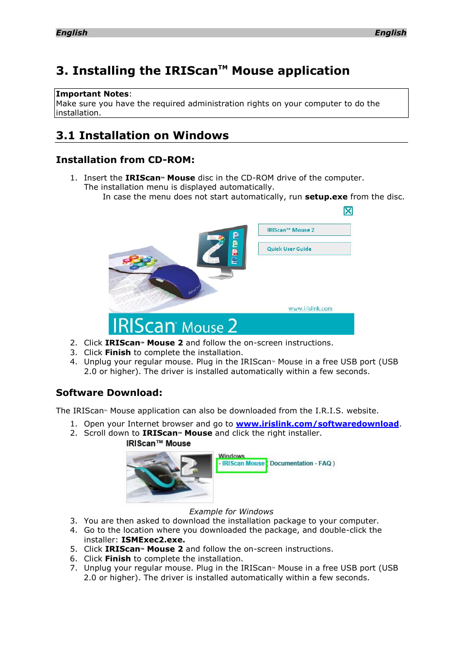 Installing the iriscantm mouse application, 1 installation on windows, Installation from cd-rom | Software download, Installing the iriscan, Mouse application | I.R.I.S. IRISCan Mouse 2 User Manual | Page 4 / 10