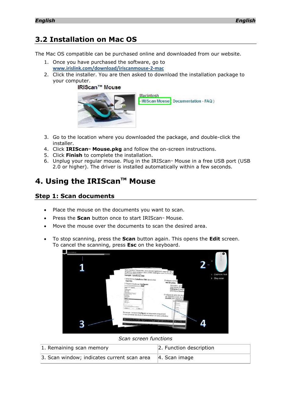 2 installation on mac os, Using the iriscantm mouse, Step 1: scan documents | Using the iriscan, Mouse | I.R.I.S. IRISCan Mouse 2 User Manual | Page 5 / 10