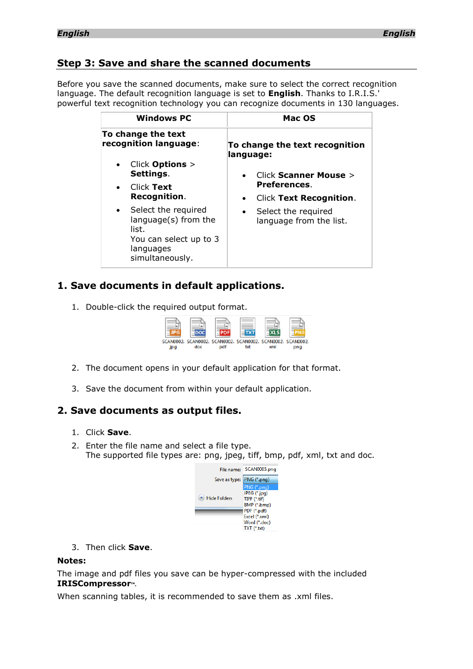 Step 3: save and share the scanned documents, Save documents in default applications, Save documents as output files | I.R.I.S. IRISCan Mouse 2 User Manual | Page 7 / 10