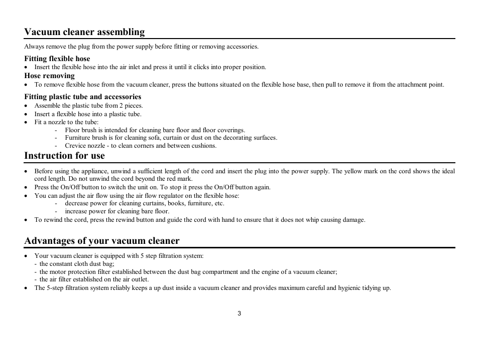 Vacuum cleaner assembling, Instruction for use, Advantages of your vacuum cleaner | Hyundai H-VC1593 User Manual | Page 3 / 9